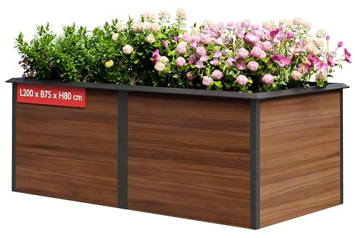 UDPATIO Hochbeet Metall XXL 200x100x77 cm, Stabiles Hochbeete-Kit mit verstärkten Innenstreben – Wetterfestes Gartenbeet mit offener Bodenstruktur, Gemüsebeet & Blumenbeet für Garten, Braun Holzoptik