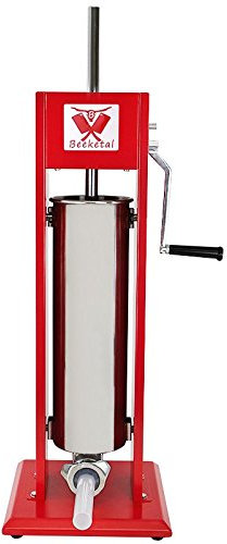 Beeketal 'MT07' Profi Gastro Wurstfüllmaschine (7 Liter) SGS-geprüft, Wurstfüller mit 2 Gang Vollmetall-Getriebe und Handkurbel, Gehäuse aus Stahl (rot lackiert), inkl. 4 Fülltüllen