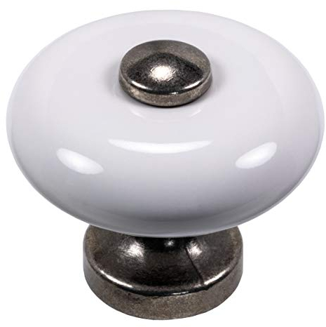 Design Türknopf Schranktür Möbelgriff Antik verzinnt - Porzellan weiß Möbelknopf Vintage - LEXL | Schrankknopf rund für Schubladen & Kommode | Knauf-Ø 35 mm | 1 Stück - Rundknopf Messing mit Schrauben