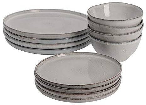 ProCook Oslo Rim Stoneware Dinner Set (Reactive Grey, 12 Piece, 4 Table Settings) Crockery Dinner Plate, Side Plate and Cereal Bowls Stylish Dinnerware for 4 People Dishwasher Safe Microwave Safe