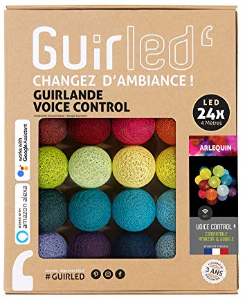 GuirLED - LED Baumwollkugeln Lichterkette WIFI USB - Sprachsteuerung - Connected Home - Amazon Alexa & Google Assistant - 2xUSB-Netzadapter enthalten - 24 Kugeln 2,4m - Harlekin
