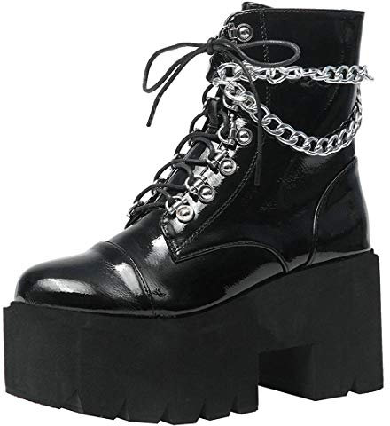 Etebella Damen Gothic High Heels Biker Boots mit Plateau Blockabsatz Schnürstiefeletten Punk Gefüttert Schuhe(Schwarz,42)