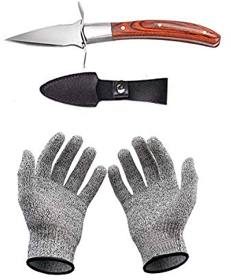 Ensemble couteau à huîtres et gants résistants aux coupures, ouvre-huîtres et gants de protection pour coquillages ou fromages à pâte dure - Oyster Knife (cuisine, jardinage, DIY) (Marron, Milieu)