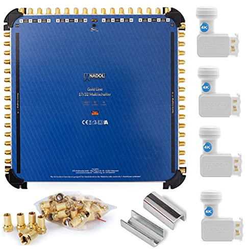 4X Anadol Quattro LNB + Anadol Gold Line 17/32 Multischalter im Set - für 4 Satelliten & 32 Teilnehmer/Receiver - Digital Multiswitch, HD Sat-Switch, + Netzteil + Aufdrehhilfe + 81 F-Stecker