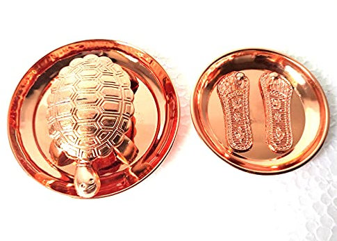 Ganga Nautical Kupfer Kachua Yantra Teller für Feng Shui Vastu und Glück mit Shri Maa Lakshmi Kupfer Charan Paduka mit Teller Diwali Puja Geschenk