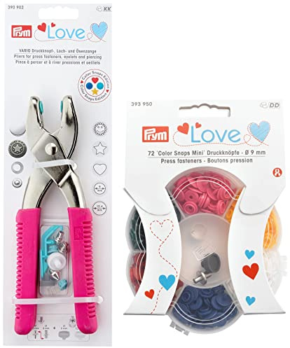 Prym Love Vario-Zange mit Loch-/Color Snaps Werkzeug Pink Pinces, Acier, Rose, 19 cm & Love Snaps Mini boîte 6 Couleurs + kit d'outils 72 pièces, Multicolore, Taille Unique