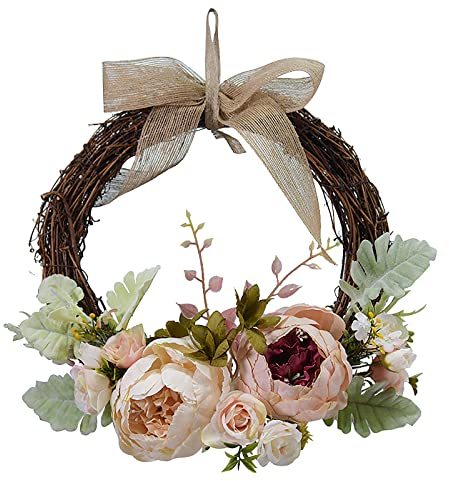 DADEA Door Wreath, Artificial Peony Flower Unfading Floral Wreath, 10Inch Hanging Ornament Wreath Front Door Spring Summer for Outdoor Front Door Indoor Wall Or Window