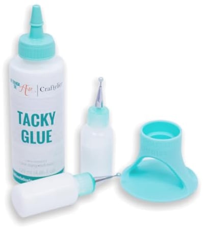 Craftelier - Set di adesivi per scrapbooking e fai da te | Tacky Glue 120 ml + supporto stick di colla turchese + 2 bottiglie con applicatore ultrafine da 15 ml | Non tossico e multiuso