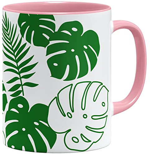 OM3® Monstera Leaf Tasse Pflanze | Keramik Becher | 11oz 325ml | Beidseitig Bedruckt | Rosa