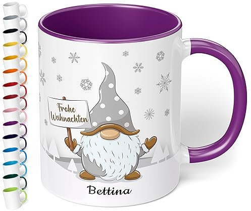 True Statements Weihnachtstasse mit Namen personalisiert „Frohe Weihnachten“ - mit Gold-Wichtel-Motiv - 330ml Keramik Kaffee-Becher mit Spruch – Geschenk zu Weihnachten (Violett)