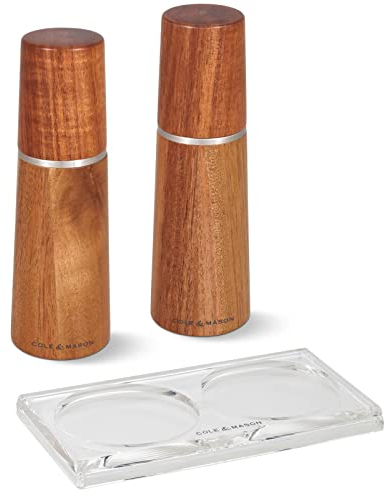Cole & Mason 3-tlg. Salz- & Pfeffermühlen Set 18.5 cm aus gebeiztem Akazienholz mit Tablett aus Acryl