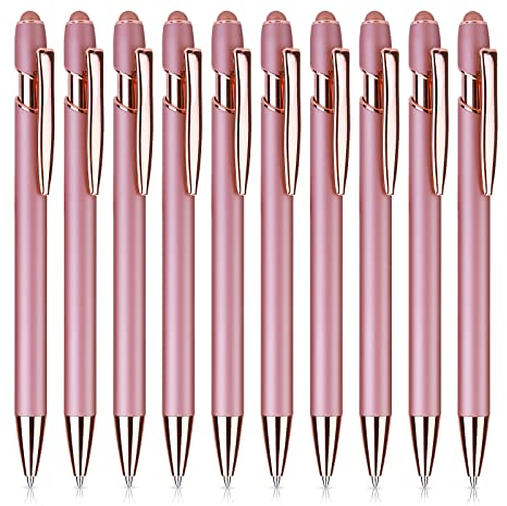 Cobee Kugelschreiber mit Stylusspitze, 10 Stück 1,0 mm 2 in 1 Roségold Einziehbarer Schwarze Tinte Metallstift Mittlere Spitze Schreibstift Stylus Pen für Touchscreens Schule Büro Geschenkartikel