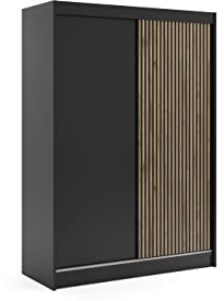 ALTDECOR Kleiderschrank mit Lamel-Schiebetüren, kugelgelagerte Führungsschienen und Aluminium-Leisten - VILAN - 150 cm Schwarz + Lamelle Eiche Wotan