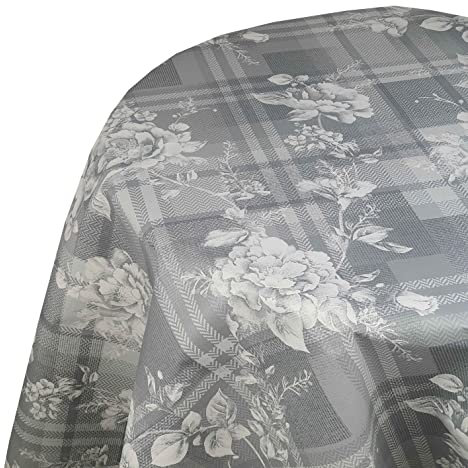 Wachstuch Wachstischdecke Tischdecke Robust Grau Karo Blumen Rund 130 cm Gartentischdecke abwaschbar