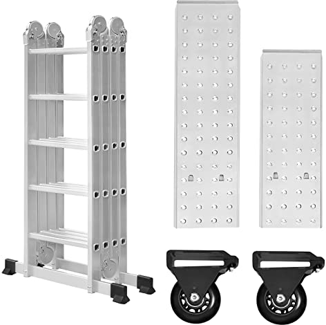 VA-Cerulean Scala multiuso, 4,7 m, in alluminio, 4 x 4, con ponteggi, scala pieghevole, scala antiscivolo, portata massima 150 kg, colore argento