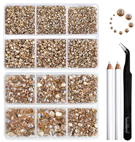 Beadsland 8300PCS Flatback Rhinestones, Gold Rhinestone Nail Gems Round Crystal Rhinestones for Crafts, Mixed 10 Sizes with Wax Pencil and Tweezer Kit, SS3-SS30, Golden Shadow