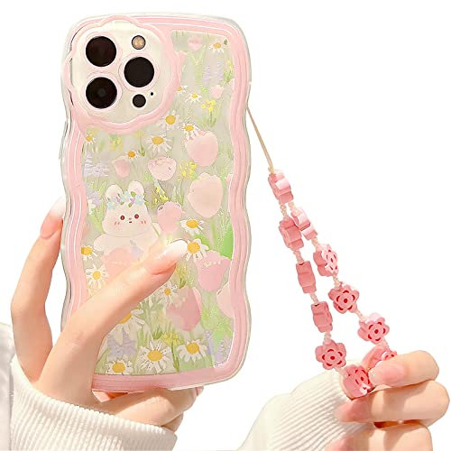 NITITOP Compatible for iPhone 14 Pro Max Case, Cute Cartoon Floral Rabbit with Heart Beaded Lanyard Wrist Strap for Women Girly, Soft TPU Full Protective Cover- Flower Rabbit