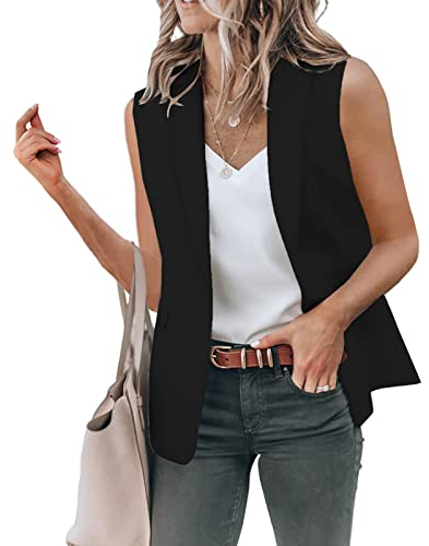 Damen Ärmellos Anzugjacke Elegant Einfarbig Weste Blazer Jacke Slim Fit Geschäft Büro Revers Kurze Gilet Tank Top mit Tasche