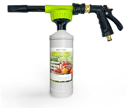 TerraDomi Blattdünger 1 Liter universal + innovatives Sprühsystem | Konzentrat für Rasen, Gemüse und Beete | Spezialdünger mit wichtigen Mikronährstoffen | Für Pflanzen und Rasen im Außenbereich