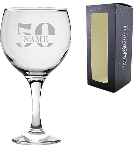 Personalised Engraved Gin Balloon Cocktail Glass with Name in 50 Design, Personalise with Any Name, Gift Box Included, Laser Engraved, 50th Birthday Gift