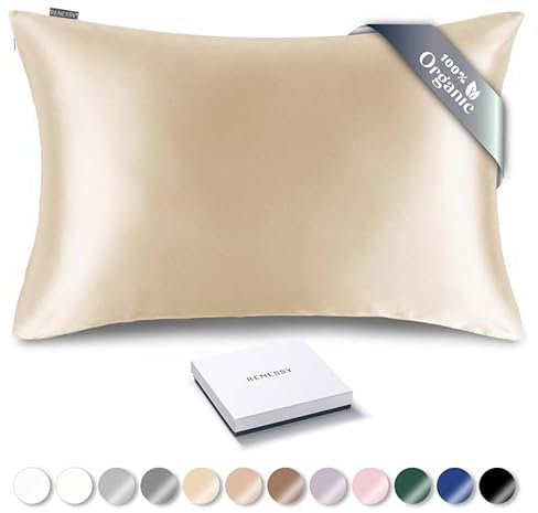 RENESSY Premium Silk Pillowcase 100% Organic Mulberry Silk, 22 Momme, Grade 6A - Oeko-Tex Certified in Germany - Luxury for Hair & Skin, 1 Piece (Standard 50x75 cm, Champagne)