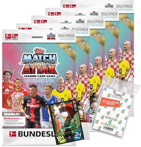Bundle mit Topps Match Attax Bundesliga - 2023/24-5 Multipacks + 1 seltene Nationalspiel Karte + Exklusive Collect-it Hüllen