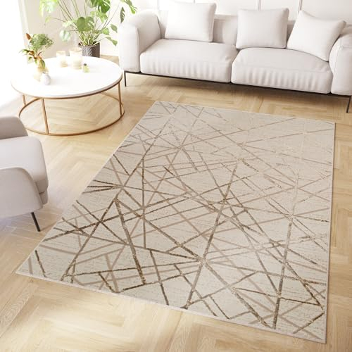 TAPISO Crystal Teppich Kurzflor Glänzend Braun Beige Geometrisch Linien 3D Effekt Wohnzimmer Schlafzimmer Moderner Design ÖKO-TEX 300 x 400 cm