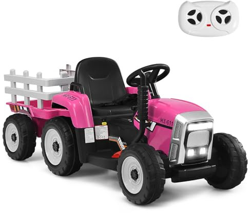 GYMAX Kids Electric Tractor with Detachable Trailer, Remote Control, LED Lights, Music, Horn, USB & Bluetooth, 12V Battery Powered Ride on Car for 3 Years Old + Boys Girls (Pink)