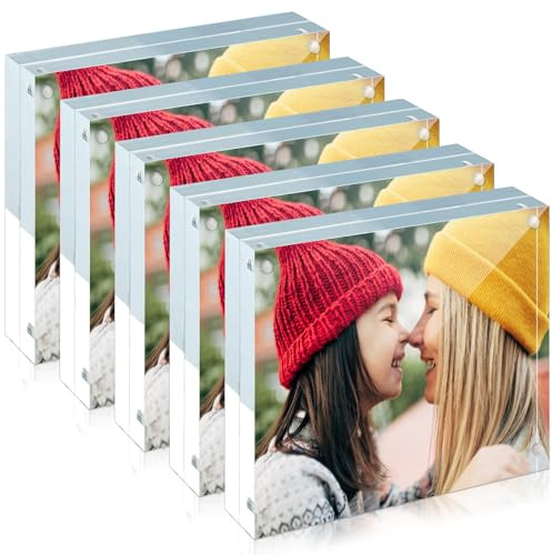 ILYXY 5 Pack Acrylic Frame 4x4, 20% Thicker, 20mm Thick Frameless Clear Picture Frame, Double Sided Magnetic Photo Frame, Free Standing Desktop Display Stand Acrylic Picture Frames