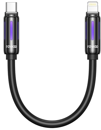 RAVIAD Cable USB C a Lightning 0.3M Corto Cable iPhone USB C [MFi Certificado] RGB LED Cargador iPhone Carga Rapida USB Tipo C a Lightning Cable para iPhone 14/13/12/11 Pro Max/Pro/XR/XS/X/SE/8Plus