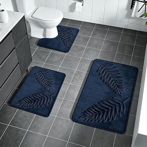 Xafrstyu Badezimmerteppich Set 3 Teilig, Duschmatte Badematte rutschfest, Weiche Badvorleger Saugfähige Duschvorleger, 40×60cm Badvorleger, 40×50cm WC Vorleger, 50×80cm Kleiner Badematten (Blau)