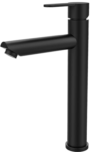 Dolinvo Robinet Noir Salle de Bain, Haut Mitigeur Vasque à Poser Salle de Bain, Robinet lavabo Design Moderne Acier inoxydable Eau Chaude et Froide Disponible, avec tuyau de raccordement de 50 cm