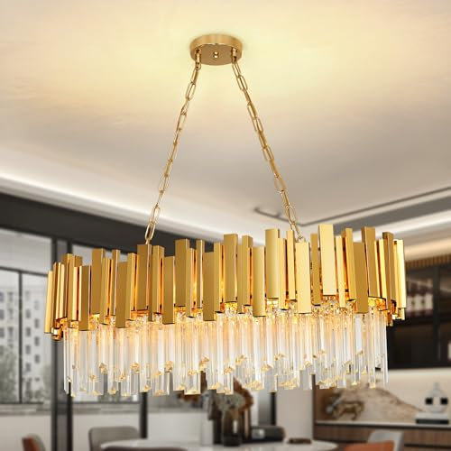 AOOCHOK Modern Kristall Kronleuchter Gold Pendelleuchte, Oval Kristall Hängeleuchte, Häengelampe für Wohnzimmer, Esszimmer, Schlafzimmer, Ruheraum, Restaurant, E14 x 8, 75 x 35 cm