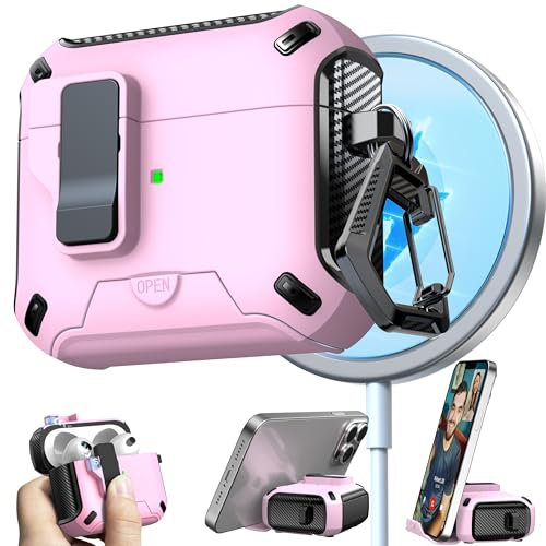 RFUNGUANGO Custodia compatibile con AirPods 3, compatibile con ricarica MagSafe, pop-up automatico con clip di blocco di sicurezza,Custodia rosa con interruttore nero