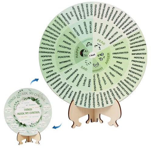 Rueda de Emociones con Soporte, Diámetro 20cm Rueda de Emociones Madera Gráfico Rueda Emocional para Regalos Terapeutas Salud Mental Suministros Decoración del Hogar(Plantas Verdes)