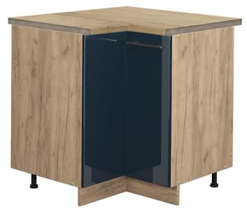 Vicco Eckunterschrank Fame-Line, Dunkelblau Hochglanz/Goldkraft Eiche, 80.5 cm, AP Eiche