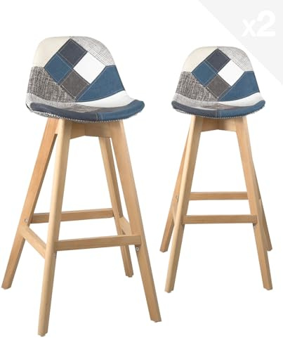 KAYELLES Lot de 2 chaises de Bar scandinave, Hauteur 67 cm avec siège Patchwork Tissu rembourré, Pieds Bois de hêtre Naturel Mali (Patch Bleu)