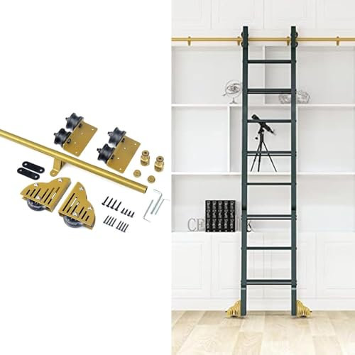Rolling Library Ladder Hardware Kit (No Ladder), Round Tube Library Sliding Ladder Hardware Rolling Full Set Track Floor Roller with Brake for Home/Indoor/Loft, Golden(20ft/600cm track kit)