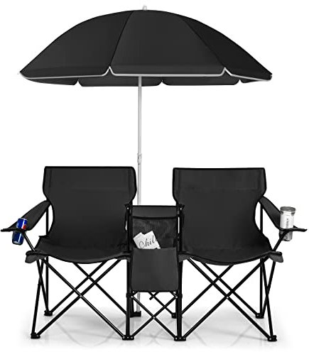 Silla de camping plegable para exterior, Silla de camping doble, sofá de dos plazas plegable portátil con sombrilla, bolsa de hielo, portavasos y bolsa de transporte, juego de sillas de picnic for jar