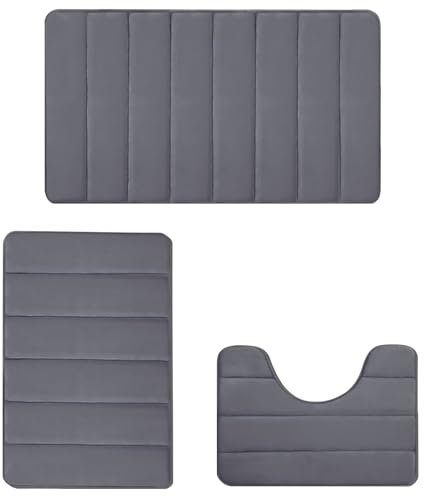 Badteppich Set 3-teilig – Memory-Schaum, rutschfest & waschbar – Weiche Badematten für Dusche, WC & Badewanne – Schnell trocknend – Dunkelgrau