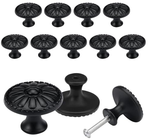 12 Stück Möbelknöpfe Schwarz mit Schrauben, Blumen Muster Kunststoff-Möbelknöpfe Schrankgriffe Runde Kommodenknöpfe Schrankknauf SchubladenknöPfe Vintage Schwarz für Schubladen, Schränke, Küche