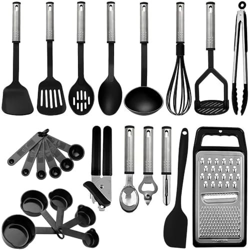 24 Pieces Black Stainless Steel Utensil Set Kitchen Utensils Set Non-Stick and Heat Resistant Kitchen Gadgets Cookware Set, Silicone Spatula Turner for Nonstick Silicone Kitchen Cookware Utensils Set