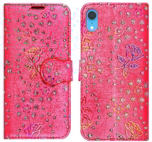 Case For iPhone XR, PU Leather Flip Wallet Phone Cover With 2 Card Slots Magnetic Closure For iPhone XR (Rose On Pink Diamond)