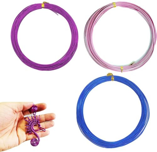 3 rollos de alambre de aluminio de 5 m para manualidades, 1 mm, alambre de aluminio multicolor, alambre de joyería flexible, para modelos de joyas, esculturas, manualidades (azul, morado, rosa)