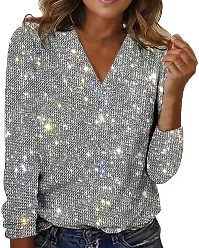 Sequin Tops For Women Casual Elegant Glitter Sparkly V Neck Party Night Long Sleeve Pullover Tee Shirts 2024 Comfort Color Sweatshirts for Women (Silver, XL)