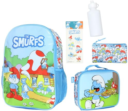 INTIMO The Smurfs Rucksack 5-teiliges Mega Set Reise Daypack Tasche mit Lunchbox Federmäppchen Wasserflasche und Aufklebern