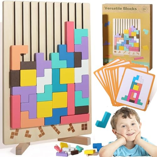 Tetris Holzspiel, Holz Tetris Montessori Spielzeug 3 4 5 6 Jahre, 3D Puzzle Intelligenz Jigsaw Gehirn Spielzeug, Geometrische Blöcke Tetris Geschenk für Kinder (A)