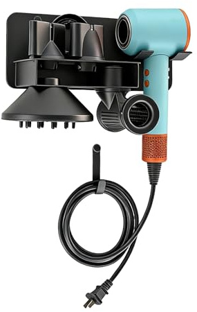 Biigdan 6-in-1 Fönhalter ohne Bohren Metall Kompatibel mit Dyson Supersonic Nural HD16/ HD19, Wandmontage Föhn Halterung mit Steckerhalter, Aufbewahrung für 5 Diffusordüsen, für Badezimmer, 29 * 12cm