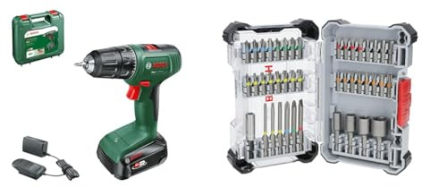 Bosch Home and Garden Cordless Drill EasyDrill 18V-40 (1 Battery 2.0 Ah, 18 Volt System, in Carrying case) + 43x Extra Hard Screwdriver Bit Set (197 x 110.5 mm, Accessories)