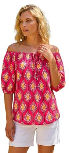 Roman Bardot Top Off Shoulder Blouse for Women UK - Ladies Floral Print Shirt Palm Leaf Tropical Ditsy Cold Shoulder Jersey Frill Cuff Summer Spring Holiday Pink Yellow